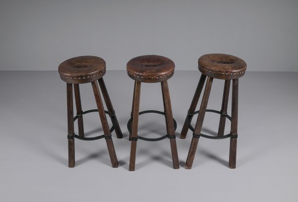 Mid-Century Spanish Leather, Wood, and Iron Barstools, Set of 3-KQB-1432101