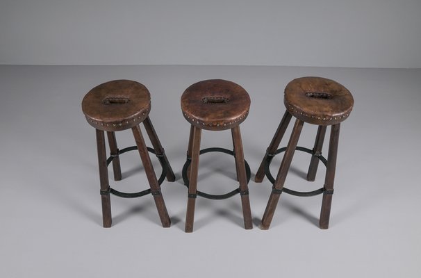 Mid-Century Spanish Leather, Wood, and Iron Barstools, Set of 3-KQB-1432101