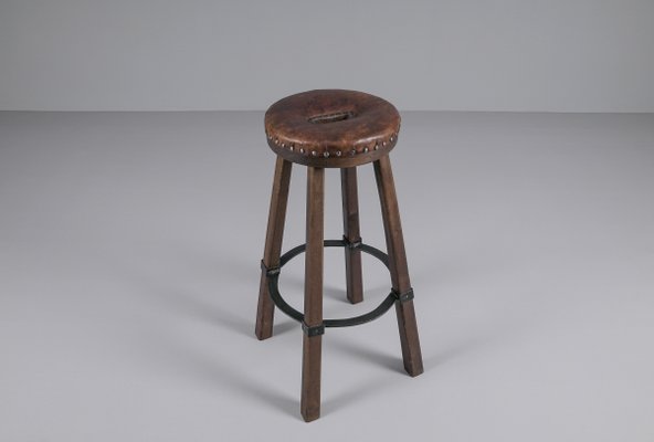 Mid-Century Spanish Leather, Wood, and Iron Barstools, Set of 3-KQB-1432101