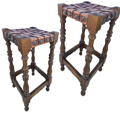 Mid-Century Spanish Stools with Leather and Wood, Set of 2-TCS-1768495