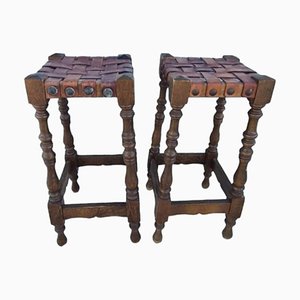 Mid-Century Spanish Stools with Leather and Wood, Set of 2-TCS-1768495