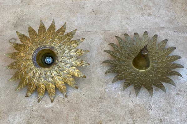 Mid-Century Spanish Sunburst Ceiling Light Fixtures or Wall Sconces in Gilded Wrought Iron, 1960s, Set of 2-NOU-1180638