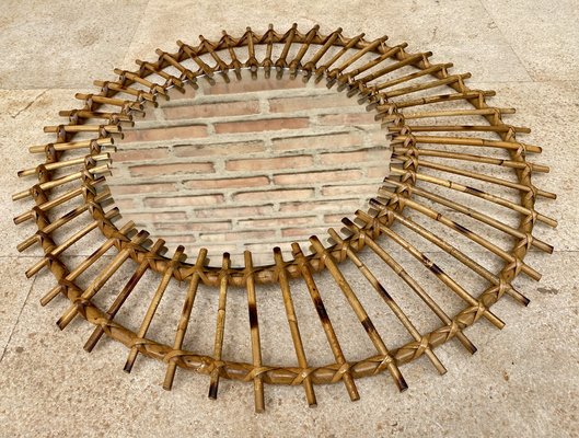 Mid-Century Spanish Sunburst or Flower Shaped Mirror in Rattan-NOU-1275396