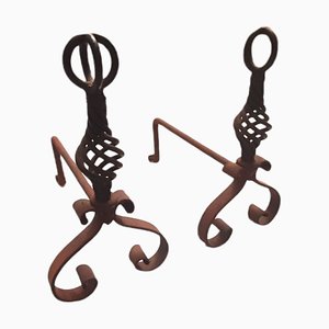 Mid-Century Spanish Wrought Iron Andirons or Firedogs, Set of 2-TCS-1347680