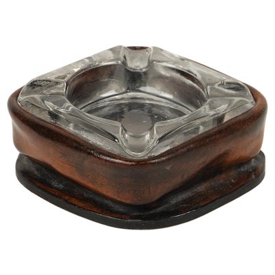 Mid-Century Square Ashtray in Leather and Glass in the style of Jacques Adnet, Italy, 1970s-LYQ-1767276