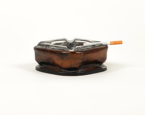 Mid-Century Square Ashtray in Leather and Glass in the style of Jacques Adnet, Italy, 1970s-LYQ-1767276