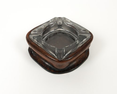 Mid-Century Square Ashtray in Leather and Glass in the style of Jacques Adnet, Italy, 1970s-LYQ-1767276