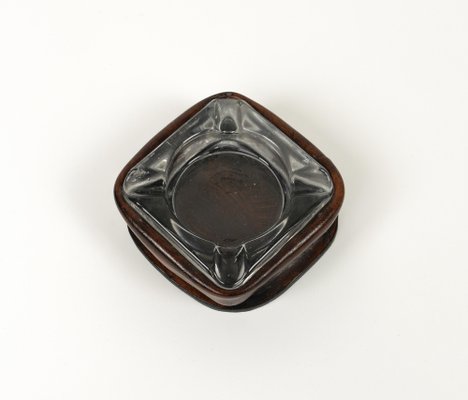 Mid-Century Square Ashtray in Leather and Glass in the style of Jacques Adnet, Italy, 1970s-LYQ-1767276