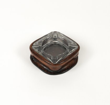 Mid-Century Square Ashtray in Leather and Glass in the style of Jacques Adnet, Italy, 1970s-LYQ-1767276