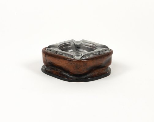 Mid-Century Square Ashtray in Leather and Glass in the style of Jacques Adnet, Italy, 1970s-LYQ-1767276