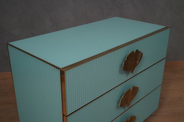 Mid-Century Square Sky Blue Color Glass and Brass Commode-UH-1750131