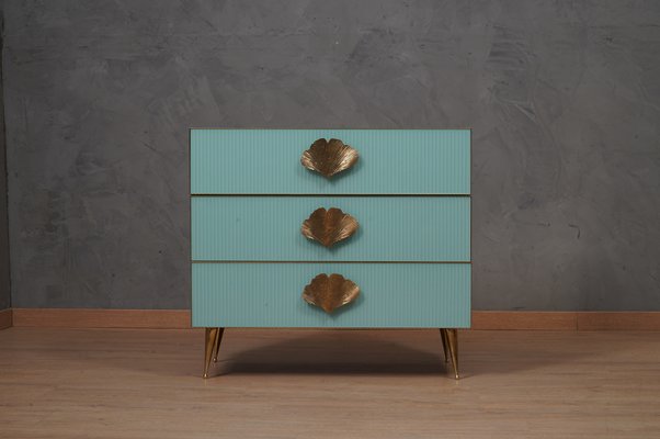 Mid-Century Square Sky Blue Color Glass and Brass Commode-UH-1750131