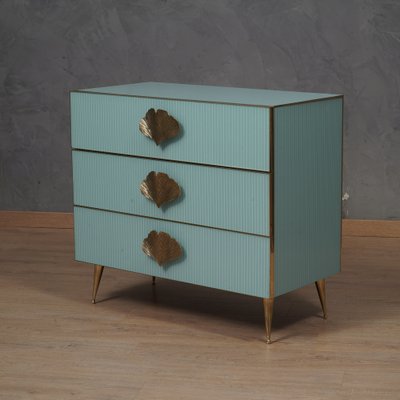 Mid-Century Square Sky Blue Color Glass and Brass Commode-UH-1750131