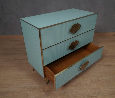 Mid-Century Square Sky Blue Color Glass and Brass Commode-UH-1750131