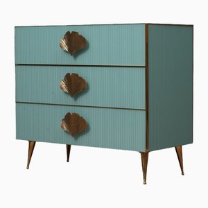 Mid-Century Square Sky Blue Color Glass and Brass Commode-UH-1750131