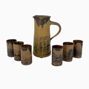 Mid-Century Studio Ceramic Jug with 6 Cups by Luise Dunker for Flensburg Germany, 1950, Set of 7-CZ-2041071