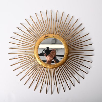 Mid-Century Sunburst Mirror in Gilded Iron with Lighting, Italy, 1960s-JDR-1425995