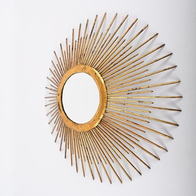 Mid-Century Sunburst Mirror in Gilded Iron with Lighting, Italy, 1960s-JDR-1425995