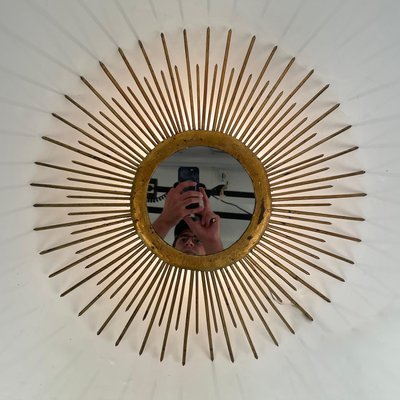 Mid-Century Sunburst Mirror in Gilded Iron with Lighting, Italy, 1960s-JDR-1425995