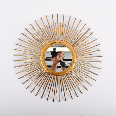 Mid-Century Sunburst Mirror in Gilded Iron with Lighting, Italy, 1960s-JDR-1425995