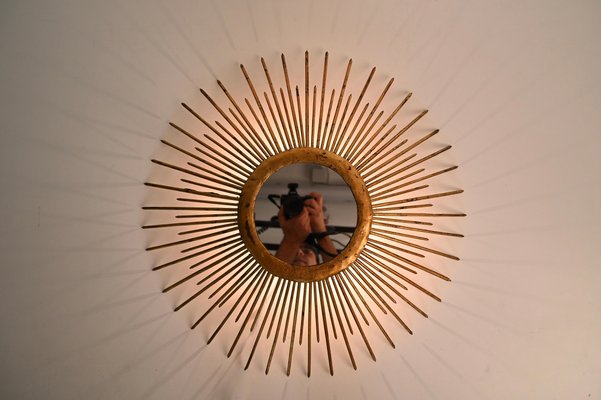 Mid-Century Sunburst Mirror in Gilded Iron with Lighting, Italy, 1960s-JDR-1425995