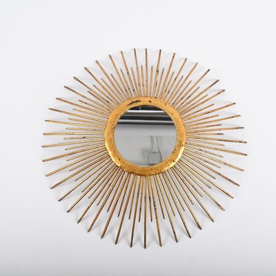 Mid-Century Sunburst Mirror in Gilded Iron with Lighting, Italy, 1960s-JDR-1425995