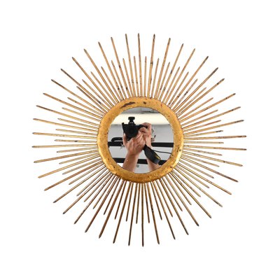 Mid-Century Sunburst Mirror in Gilded Iron with Lighting, Italy, 1960s-JDR-1425995