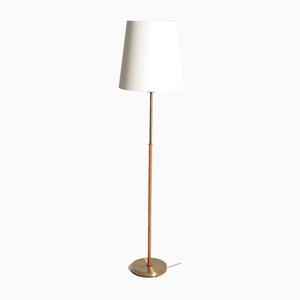 Mid-Century Swedish Brass and Braided Leather Floor Lamp, 1950s-FK-565728