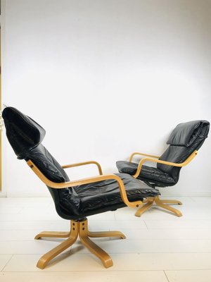 Mid-Century Swedish Leather Swivel Chairs, 1970s, Set of 2-WQJ-777981