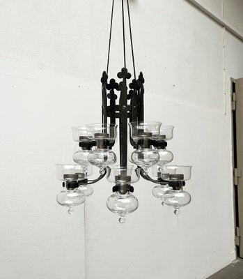 Mid-Century Swedish Wrought Iron and Glass Candle Chandelier by Bertil Vallien and Axel Strömberg for Kosta Boda and Bolin Smide, 1960s-UAH-1799388