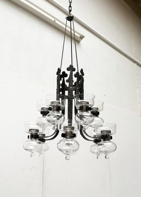 Mid-Century Swedish Wrought Iron and Glass Candle Chandelier by Bertil Vallien and Axel Strömberg for Kosta Boda and Bolin Smide, 1960s-UAH-1799388