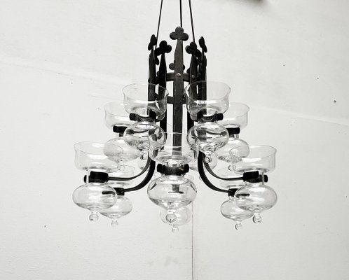 Mid-Century Swedish Wrought Iron and Glass Candle Chandelier by Bertil Vallien and Axel Strömberg for Kosta Boda and Bolin Smide, 1960s-UAH-1799388