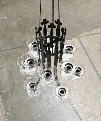 Mid-Century Swedish Wrought Iron and Glass Candle Chandelier by Bertil Vallien and Axel Strömberg for Kosta Boda and Bolin Smide, 1960s-UAH-1799388