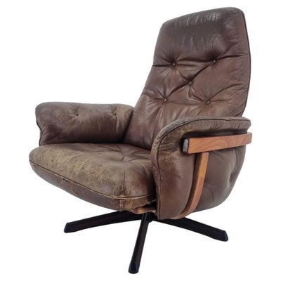 Mid-Century Swivel Leather and Wood Armchair from Göte Möbler Nässjö, Sweden, 1969-TZ-1796094