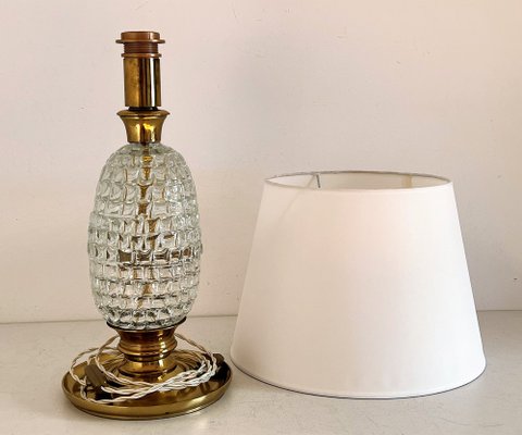 Mid-Century Table Lamp with Brass and Creased Murano Glass Base, 1960s-VNE-1341687