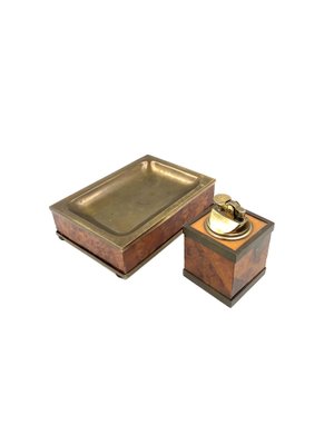 Mid-Century Tabletop Smoking Set in Wood and Brass with Ashtray and Table Lighter, Italy, 1950s, Set of 2-TXN-1729056