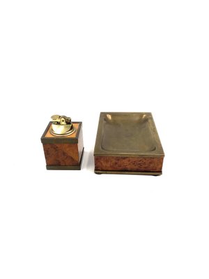 Mid-Century Tabletop Smoking Set in Wood and Brass with Ashtray and Table Lighter, Italy, 1950s, Set of 2-TXN-1729056