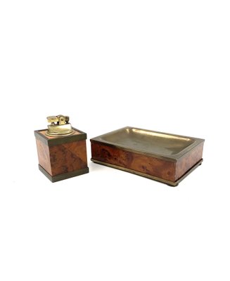 Mid-Century Tabletop Smoking Set in Wood and Brass with Ashtray and Table Lighter, Italy, 1950s, Set of 2-TXN-1729056