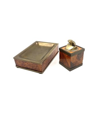 Mid-Century Tabletop Smoking Set in Wood and Brass with Ashtray and Table Lighter, Italy, 1950s, Set of 2-TXN-1729056