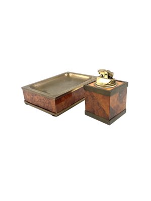 Mid-Century Tabletop Smoking Set in Wood and Brass with Ashtray and Table Lighter, Italy, 1950s, Set of 2-TXN-1729056