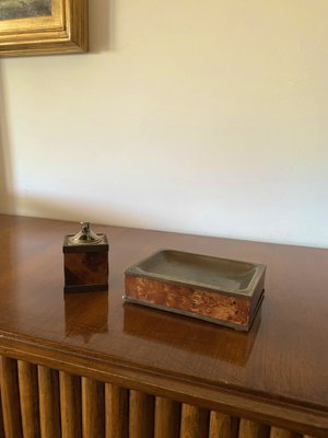 Mid-Century Tabletop Smoking Set in Wood and Brass with Ashtray and Table Lighter, Italy, 1950s, Set of 2-TXN-1729056