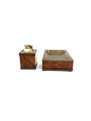 Mid-Century Tabletop Smoking Set in Wood and Brass with Ashtray and Table Lighter, Italy, 1950s, Set of 2-TXN-1729056