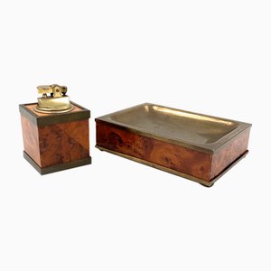 Mid-Century Tabletop Smoking Set in Wood and Brass with Ashtray and Table Lighter, Italy, 1950s, Set of 2-TXN-1729056