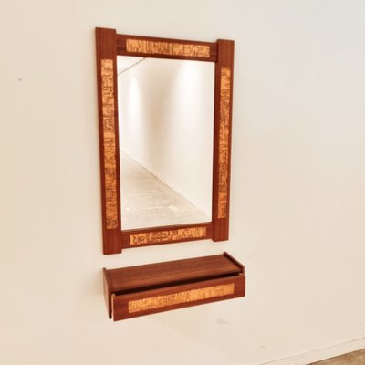 Mid-Century Teak and Copper Hallway Set with Mirror and Shelve, 1960s, Set of 2-LDW-1804505