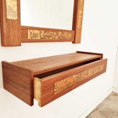 Mid-Century Teak and Copper Hallway Set with Mirror and Shelve, 1960s, Set of 2-LDW-1804505