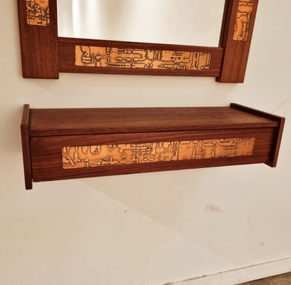 Mid-Century Teak and Copper Hallway Set with Mirror and Shelve, 1960s, Set of 2-LDW-1804505