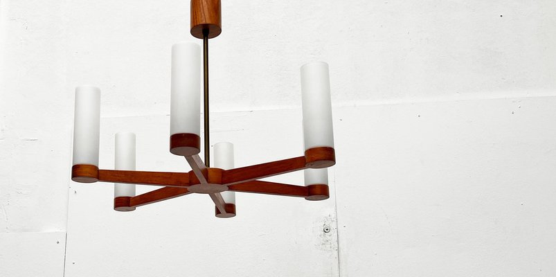 Mid-Century Teak and Glass Pendant Ceiling Lamp, 1960s-UAH-2027775