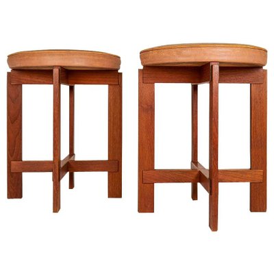 Mid-Century Teak and Leather Stools by Uno & Östen Kristiansson for Luxus, Sweden, Set of 2-UYK-1006112