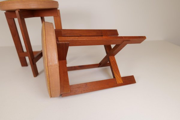 Mid-Century Teak and Leather Stools by Uno & Östen Kristiansson for Luxus, Sweden, Set of 2-UYK-1006112