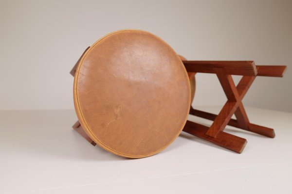 Mid-Century Teak and Leather Stools by Uno & Östen Kristiansson for Luxus, Sweden, Set of 2-UYK-1006112